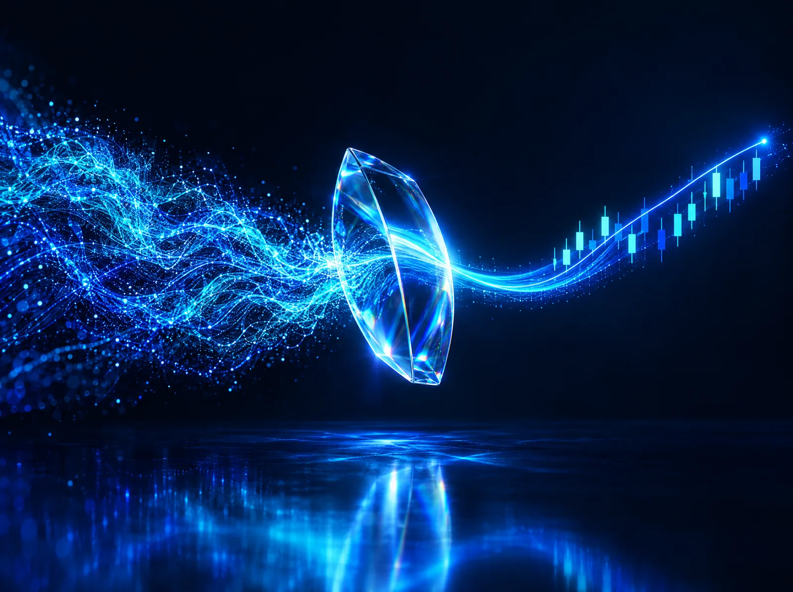 Tangled streams of market data flowing into a glass prism and leaving it as one orderly rising line